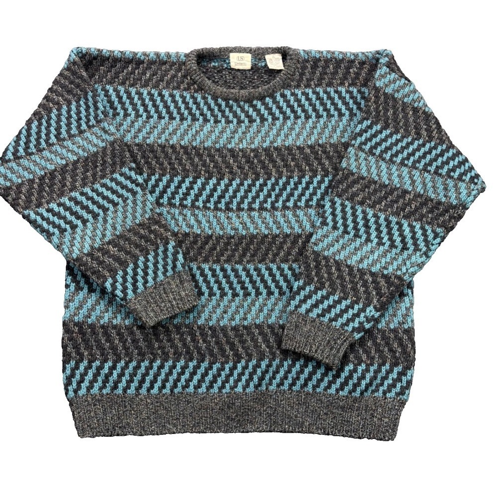 Umberto Sweater Mens XL Herringbone Shetland 100% Virgin Wool Crewneck Gray Teal